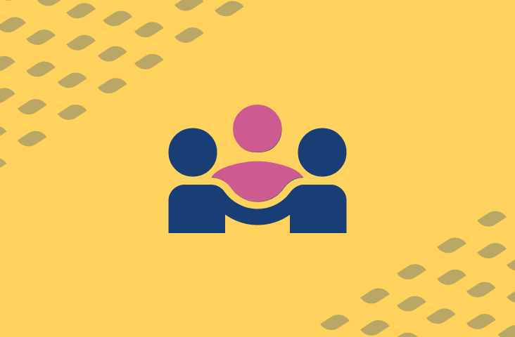 zwei blaue Männchen mit pinken Männchen auf gelbem Hintergrund - Symbol Elternrat