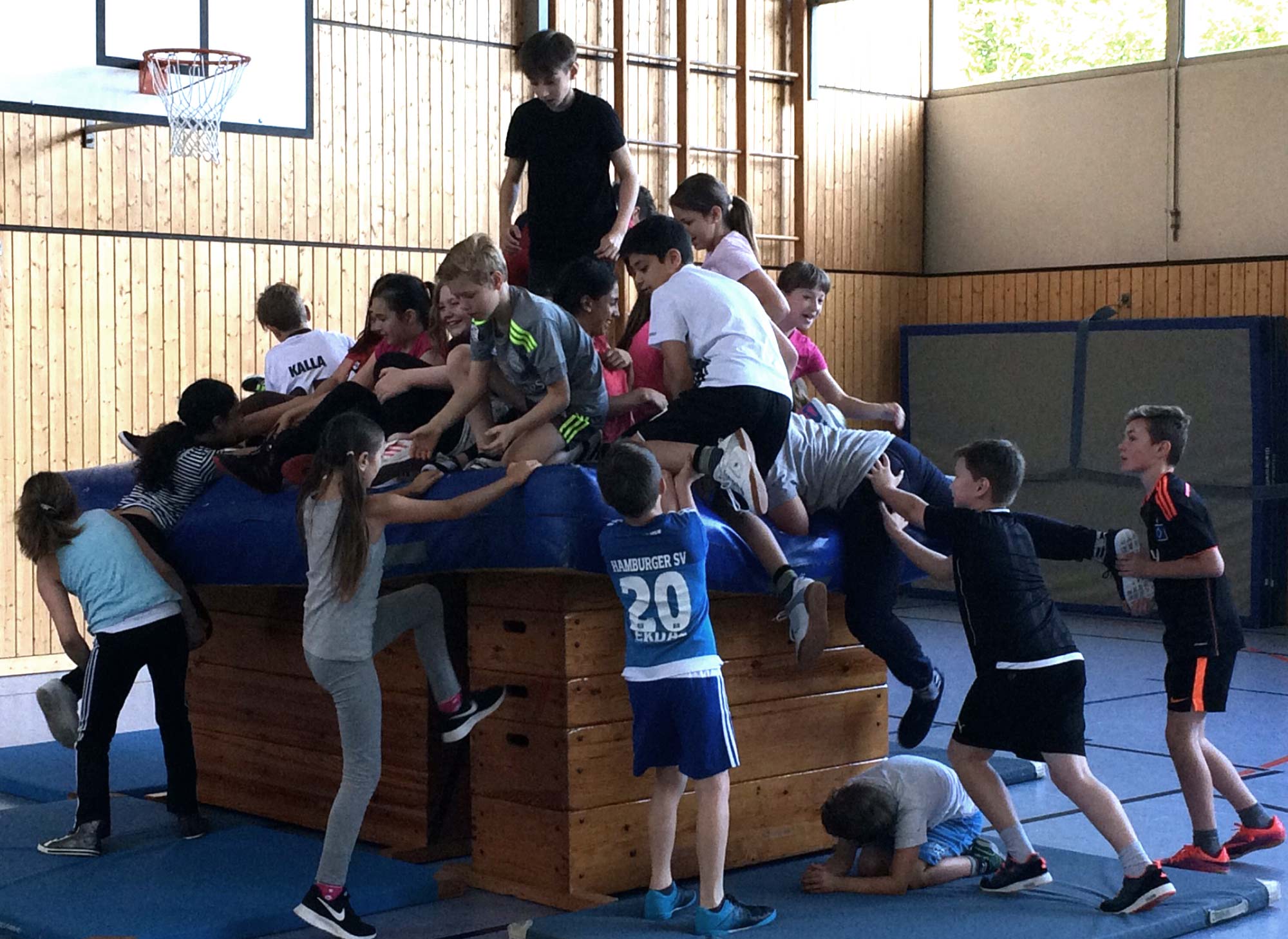 Eine Gruppe von Schüler:innen die auf eine Kasten-Burg klettern in einer Turnhalle
