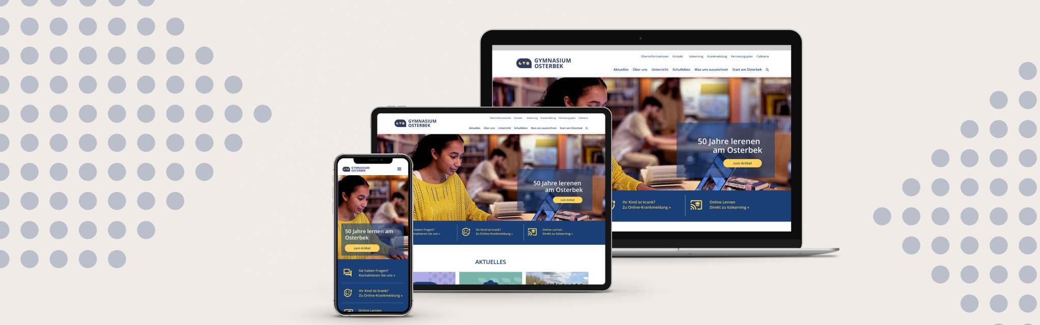 Die neue Homepage des Gymnasium Osterbek - angezeigt auf iPhone, iPad und Macbook als Präsentatuion