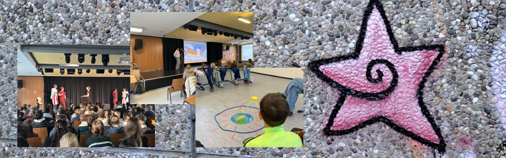 Kollage mit Bildern der Assemblys, der Klimadetektive und ein rosa gesprayter Stern