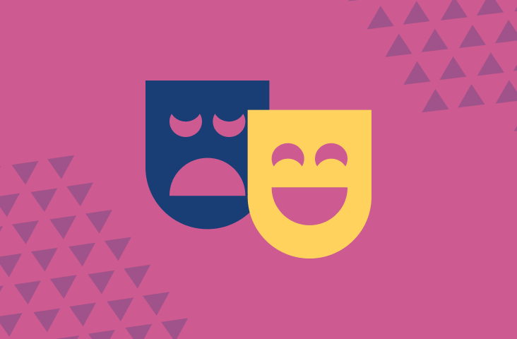 Magenta Hintergrund mit einer traurigen und einer fröhlichen Maske
