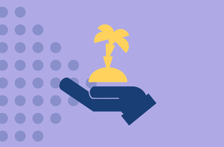 Eine gelbe Insel mit einer Palme in einer dunkelblauen Hand